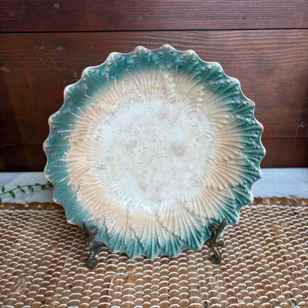 Antique Lebeau Porcelaine Green & Ecru Art Deco Fan Shell Bowl